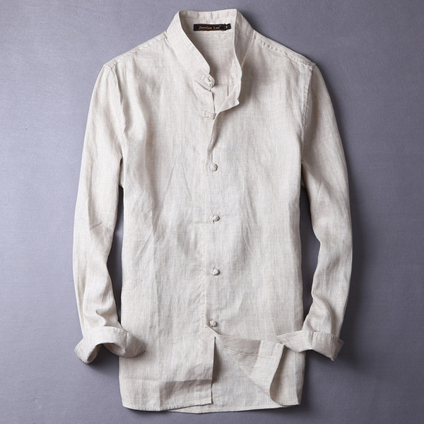 100% pure linen long sleeve new men's shirt flax chinese style retro plate buckle fashion linen shirt men brand casual camisa