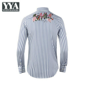 2020 autumn mens casual shirt long sleeve slim fit turndown collar button men flower printed black blue red striped shirts