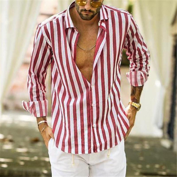 2020 england style men stripe shirts long sleeve buttons men's shirts soft turn-dowm collar cotton linen clothes men