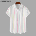 2020 fashion men striped shirt casual short sleeve summer lapel hawaiian shirts streetwear breathable camisa masculina incerun