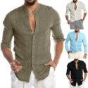 2020 men white shirts collarless button solid beach long sleeve casual blusas shirts for men hawaiian camisas para hombre