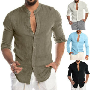 2020 men white shirts collarless button solid beach long sleeve casual blusas shirts for men hawaiian camisas para hombre