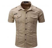 2020 mens cargo shirt men casual shirt solid short sleeve shirts work with wash standard us size 100% cotton