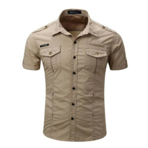 2020 mens cargo shirt men casual shirt solid short sleeve shirts work with wash standard us size 100% cotton