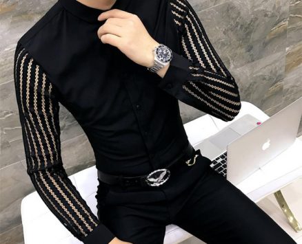 2020 new arrival autumn mens lace shirt party prom see throught shirt men chemise homme social club m-3xl black white