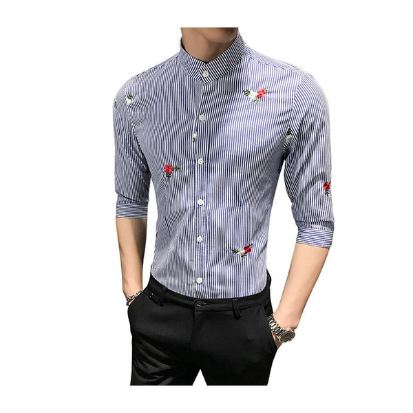 2020 new men striped shirts casual 3/4 sleeve collarless mens shirt slim fit business male social flower embroried dress shirts