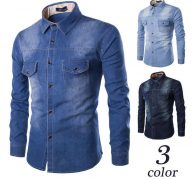 2020 spring and autumn new men’s shirt large size men’s denim blouse chest double pockets slim long sleeve jacket coat clothes