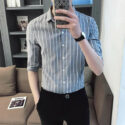 2020 summer new men’s shirt korean slim striped middle sleeve shirt business casual men’s clothes