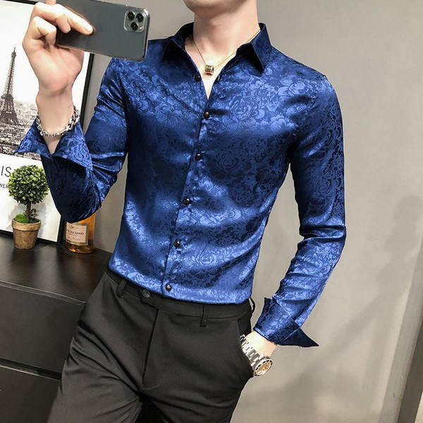 2021 business casual men's shirt solid color long sleeve slim fit dress shirts male social party streetwear chemise homme