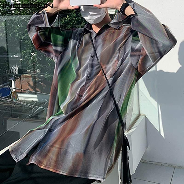 2021 fashion men mesh shirts incerun long sleeve lapel see through blouse man nightclub transparent camisa streetwear 5xl 7