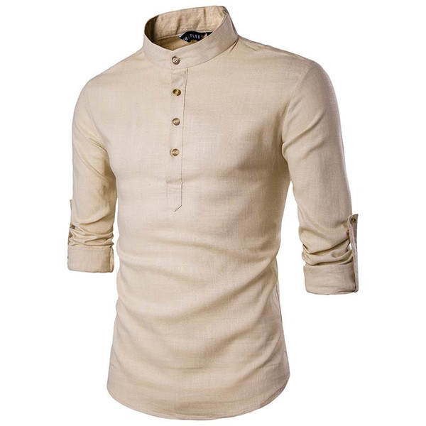 2021 men casual shirt long sleeve mandarin collar shirts solid color traditional chinese style shirt cotton blended plus size