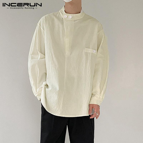 2021 men casual shirt streetwear vintage stand collar brand long sleeve solid color leisure cotton camisas incerun s-5xl