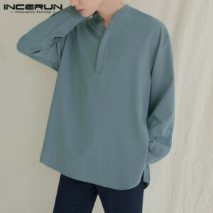 2021 men casual shirt v neck long sleeve basic blouse solid color vintage leisure streetwear camisa masculina s-5xl incerun