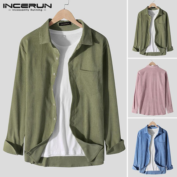 2021 men corduroy shirt brand solid color long sleeve lapel chic streetwear blouse autumn fashion camisa masculina incerun 3xl 7