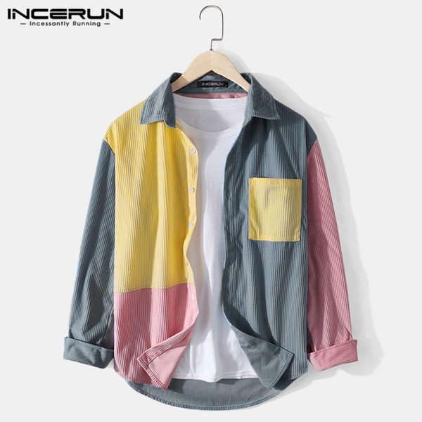 2021 men corduroy shirt color block patchwork streetwear blouse long sleeve lapel button casual camisa masculina incerun