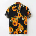 2021 men’s shirts colorful summer short sleeve loose buttons hawaiian sunflower print casual shirt blusas men tee 2021