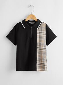 Boys Plaid Half Zipper Placket Polo Shirt