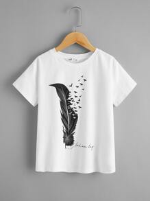 Boys Slogan and Feather Print Tee