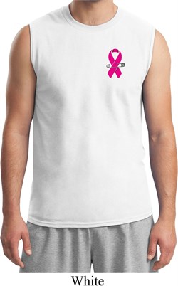 Breast Cancer Awareness Pink Ribbon Pin Pocket Print Mens Muscle Shirt