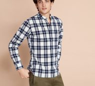 Brooks Brothers Men’s Plaid Indigo Band Collar Sport Shirt