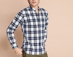 Brooks Brothers Men’s Plaid Indigo Band Collar Sport Shirt
