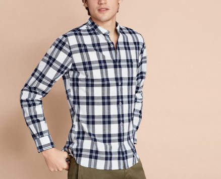 Brooks Brothers Men’s Plaid Indigo Band Collar Sport Shirt