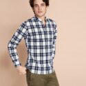 Brooks Brothers Men’s Plaid Indigo Band Collar Sport Shirt