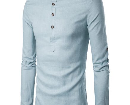 Ericdess Plain Stand Collar Pullover Slim Fit Men’s Shirts