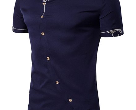 Ericdress Iregular Plain Printed Short Sleeve Stand Collar Men’s Shirt