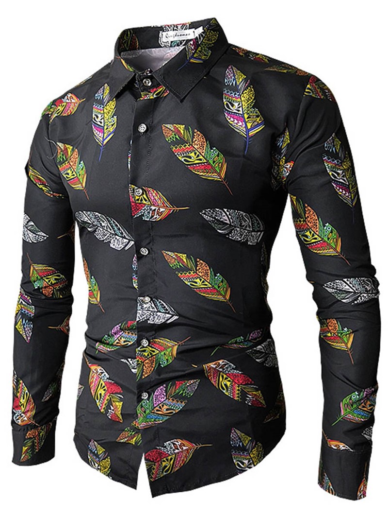 Ericdress Lapel Leaf Print Color Block Men's Shirt