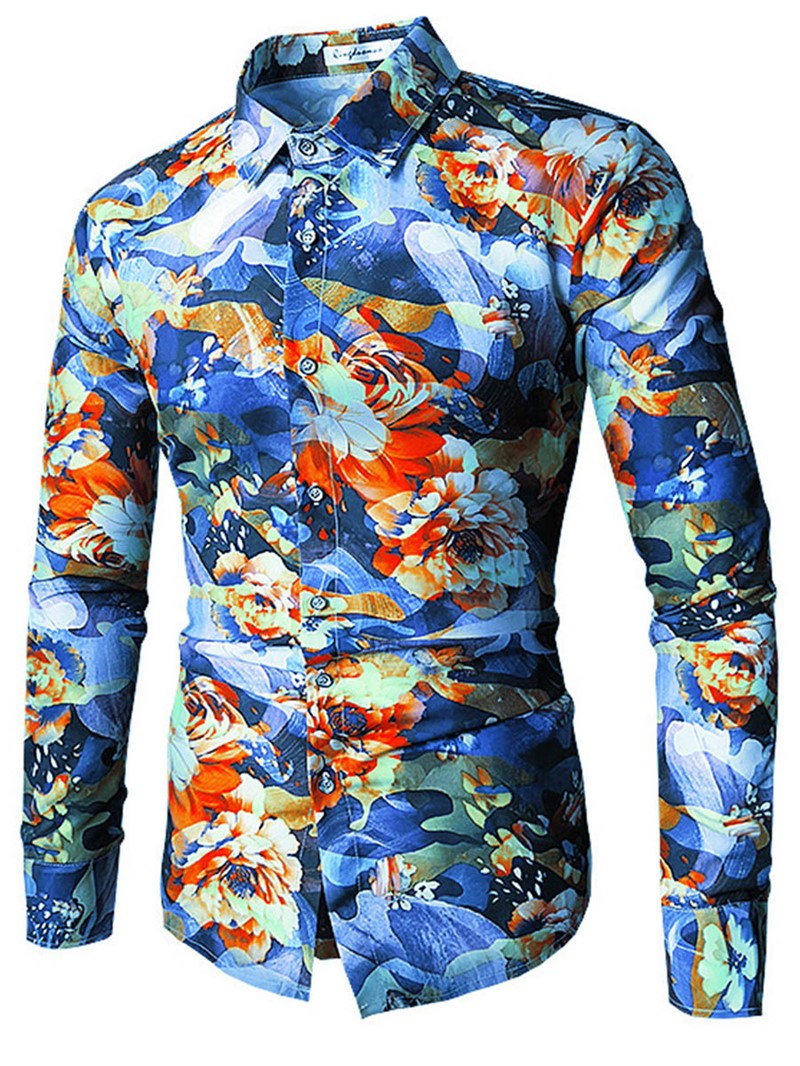 Ericdress Lapel Long Sleeve Print Color Block Men's Shirt