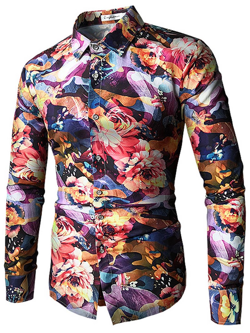 Ericdress Lapel Long Sleeve Print Color Block Men's Shirt