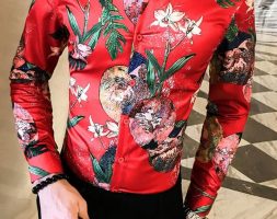 Ericdress Lapel Plant Print Style Slim Single-Breasted Men’s Shirt