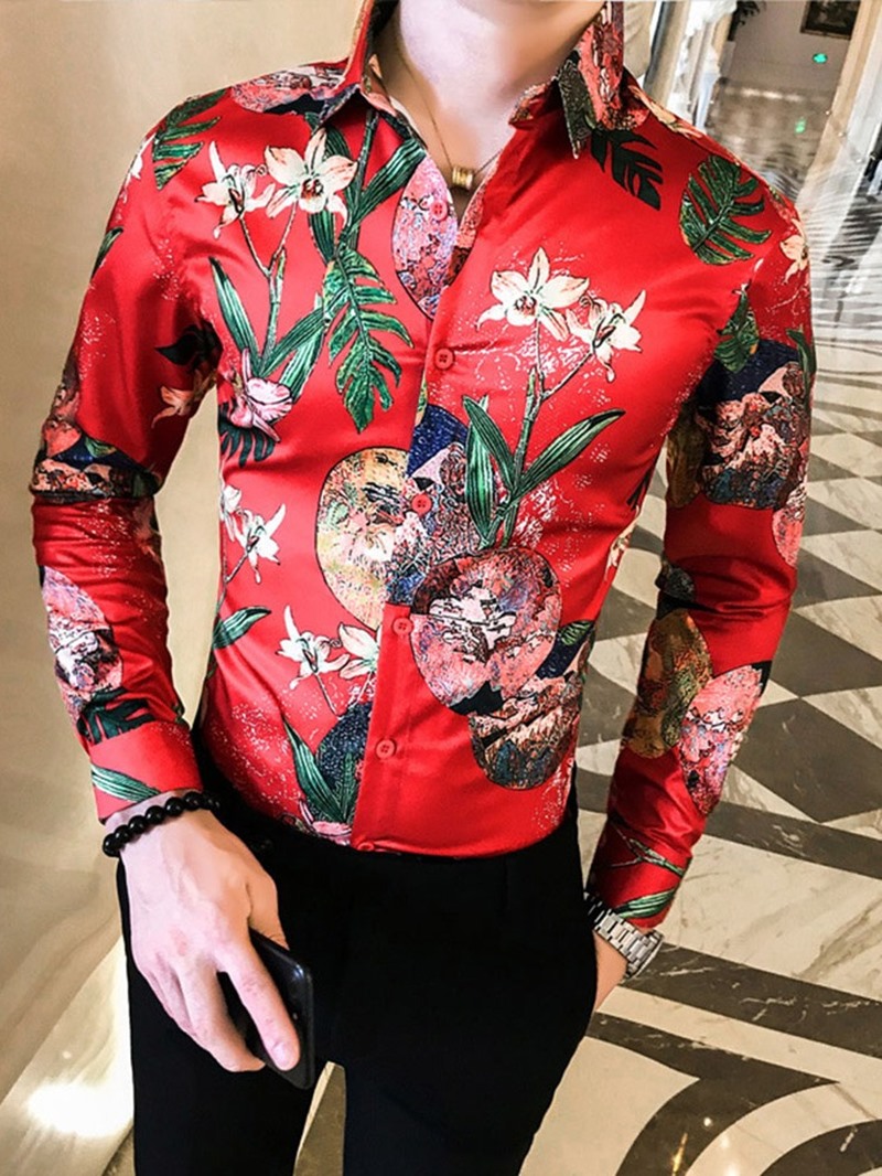 Ericdress Lapel Plant Print Style Slim Single-Breasted Men's Shirt