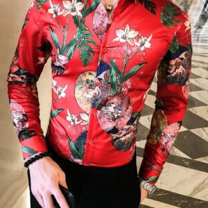 Ericdress Lapel Plant Print Style Slim Single-Breasted Men's Shirt