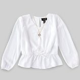 I.N. Girl Big Girls 7-16 Puff-Sleeve Button-Front Elastic Waist Ruffle Hem Top – L