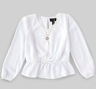 I.N. Girl Big Girls 7-16 Puff-Sleeve Button-Front Elastic Waist Ruffle Hem Top – L