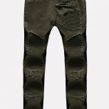 Men Army-green Ripped Ruched Casual Jeans