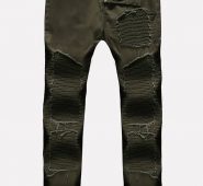 Men Army-green Ripped Ruched Casual Jeans