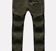 Men Army-green Ripped Ruched Casual Jeans