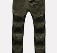 Men Army-green Ripped Ruched Casual Jeans