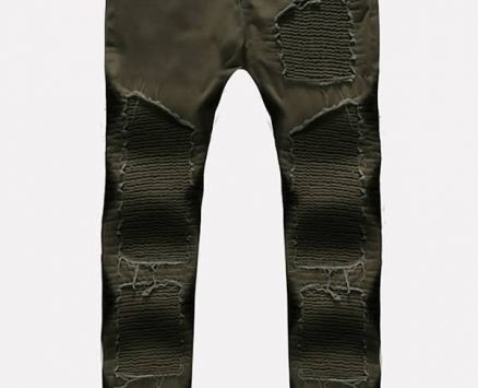 Men Army-green Ripped Ruched Casual Jeans