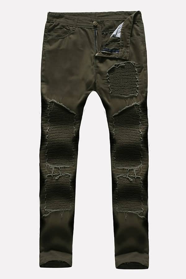 Men Army-green Ripped Ruched Casual Jeans