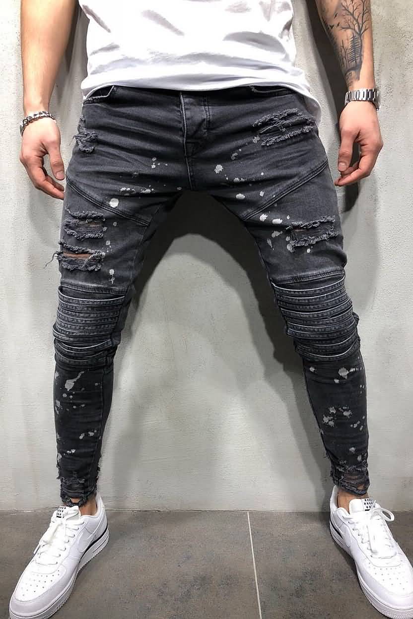 Men Black Drip Print Ripped Casual Slim Jeans