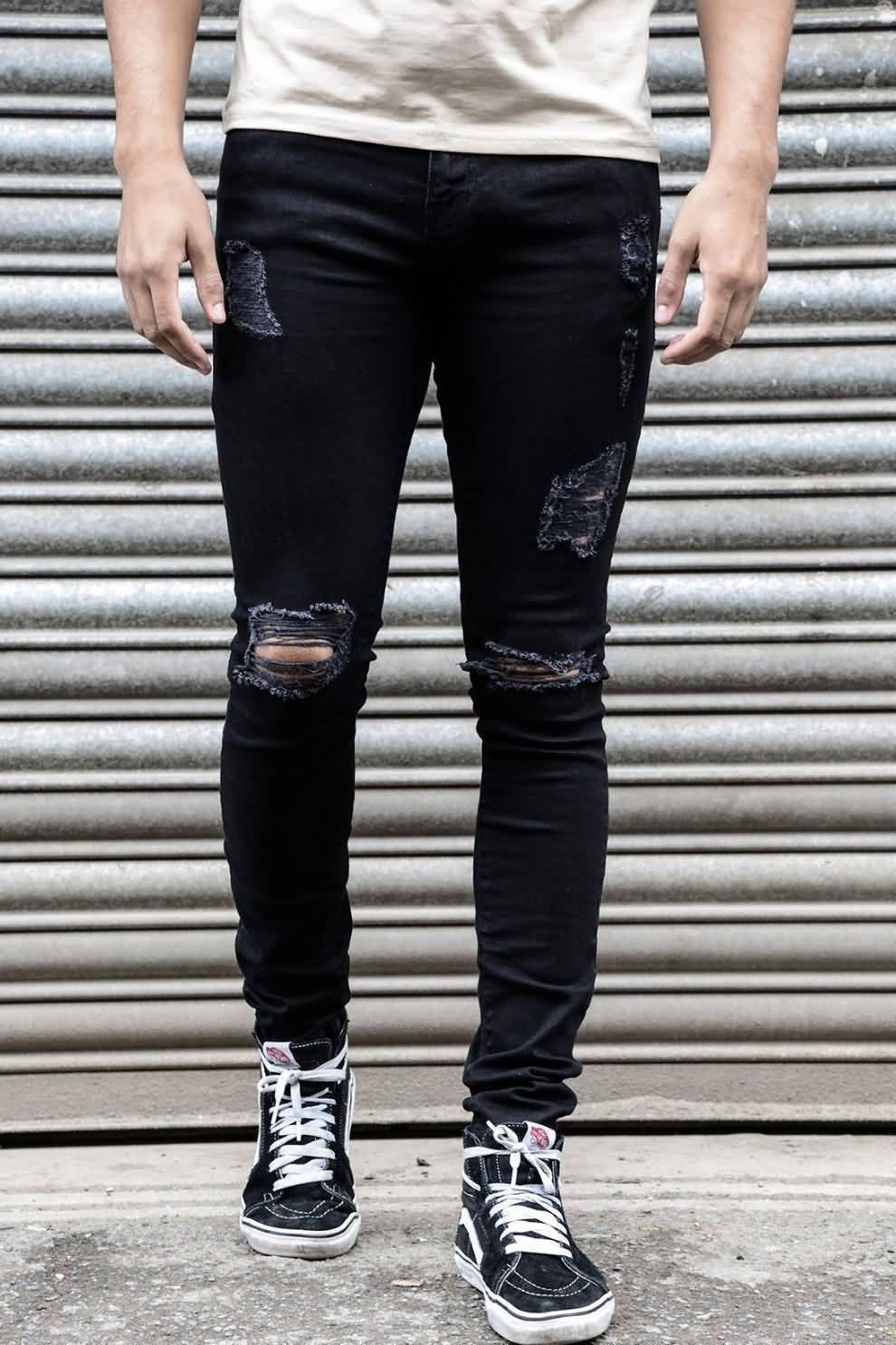 Men Black Ripped Casual Skinny Jeans