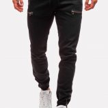 Men Black Zipper Drawstring Waist Casual Jeans
