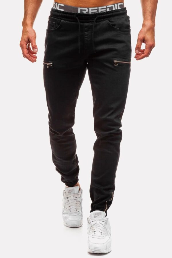 Men Black Zipper Drawstring Waist Casual Jeans