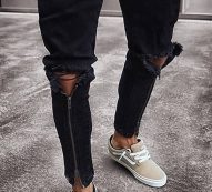 Men Black Zipper Front Ripped Casual Slim Jeans
