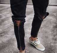 Men Black Zipper Front Ripped Casual Slim Jeans