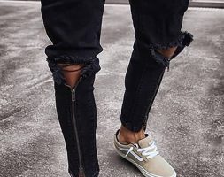 Men Black Zipper Front Ripped Casual Slim Jeans